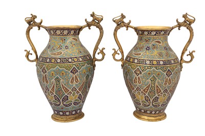 Lot 309 - A PAIR OF KASHMIRI GILT-COPPER POLYCHROME CHAMPLEVÉ ENAMELLED URNS