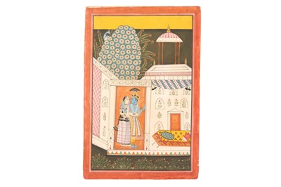 Lot 338 - AN ILLUSTRATION FROM A RASIKAPRIYA SERIES: KRISHNA AND RADHA TENDERLY EMBRACING