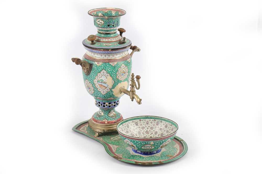 Lot 207 - A PERSIAN POLYCHROME-ENAMEL ON COPPER SAMOVAR