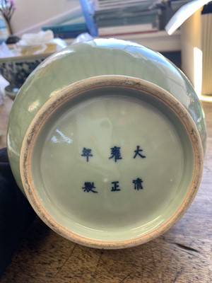 Lot 3 - A CHINESE CELADON-GLAZED 'DRAGON' VASE.