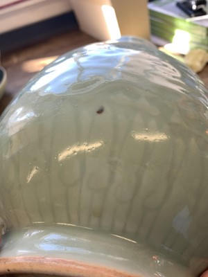 Lot 3 - A CHINESE CELADON-GLAZED 'DRAGON' VASE.