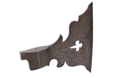 Lot 409 - A PIERCED AND ETCHED STEEL AXE HEAD (TABAR)