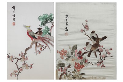 Lot 199 - TWO CHINESE EMBROIDERED 'BIRDS AND FLOWERS' PANELS.