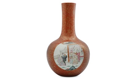 Lot 13 - A CHINESE FAMILLE ROSE CORAL-GROUND BOTTLE VASE.