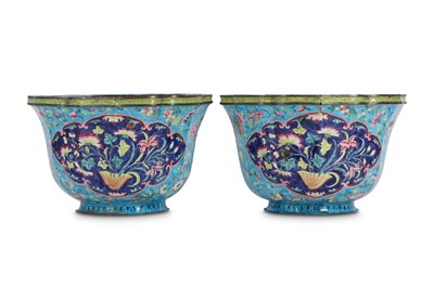 Lot 439 - A PAIR OF CHINESE CANTON ENAMEL JARDINIERES.