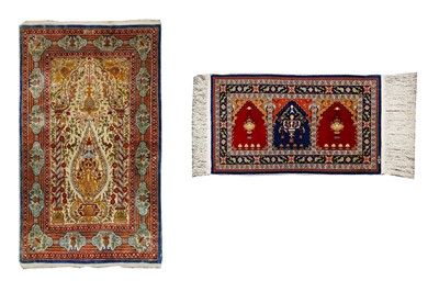 Lot 78 - A TWO EXTREMELY FINE SILK HEREKE PRAYER RUGS, TURKEY