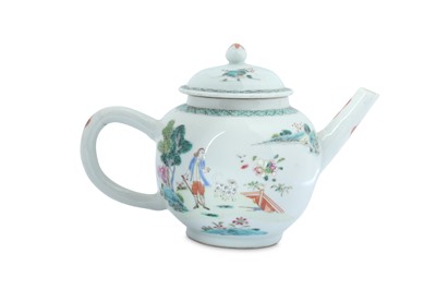 Lot 458 - A CHINESE FAMILLE ROSE 'MAN AND HIS DOG' TEAPOT AND COVER.