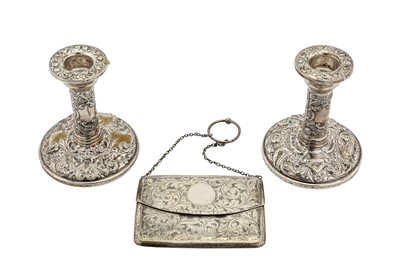 Lot 160 - A pair of Elizabeth II sterling silver dwarf candlesticks, Birmingham 1961 by W I Broadway & Co