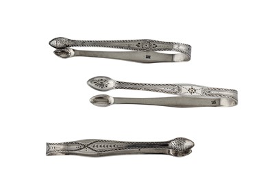 Lot 843 - THREE PAIRS OF GEORGE III STERLING SILVER SUGAR TONGS, LONDON BY HESTER BATEMAN