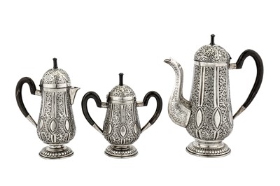 Lot 134 - A mid-20th century Indian white metal three-piece coffee service, Bombay or Mumbai circa 1950