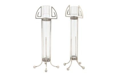 Lot 845 - A PAIR OF EARLY 20TH CENTURY PORTUGUESE 833 STANDARD SILVER FRAMED POSY VASES, PORTO CIRCA 1920, MAKERS MARK OBSCURED
