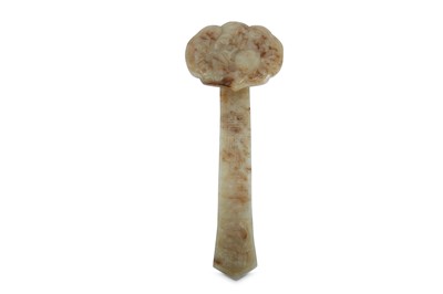 Lot 523 - A CHINESE PALE CELADON JADE RUYI 'PEACHES' SCEPTRE