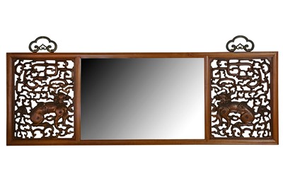 Lot 347 - A PAIR OF CHINESE CARVED WOOD 'QILIN' PANELS MOUNTED AS A MIRROR.