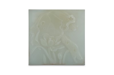 Lot 163 - A CONTEMPORARY CHINESE WHITE JADE SQUARE 'LOTUS' PLAQUE.