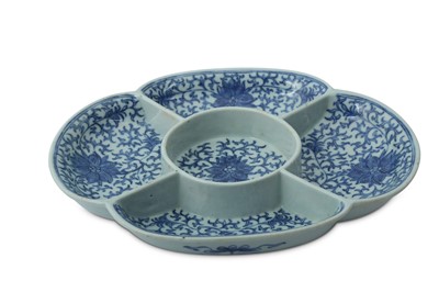 Lot 657 - A CHINESE BLUE AND WHITE 'LOTUS SCROLL' SWEET MEAT DISH.