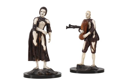 Lot 48 - MANNER OF SIMON TROGER: A PAIR OF 18TH CENTURY FRUITWOOD AND IVORY FIGURES
