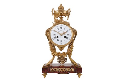 Lot 26 - A LAST QUARTER 19TH CENTURY FRENCH ORMOLU AND RED GRIOTTE MARBLE MANTLE CLOCK BY FERDINAND BARBEDIENNE, PARIS