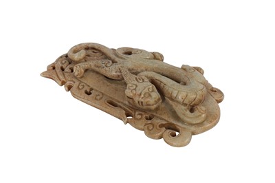 Lot 670 - A CHINESE PALE CELADON JADE ARCHAISTIC 'CHILONG' PLAQUE.
