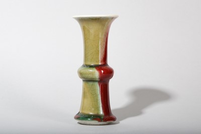 Lot 122 - A SMALL CHINESE COPPER RED AND OLIVE GREEN-GLAZED VASE, GU.