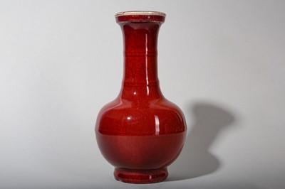 Lot 132 - A CHINESE FLAMBÉ-GLAZED BAMBOO-NECKED BOTTLE VASE.