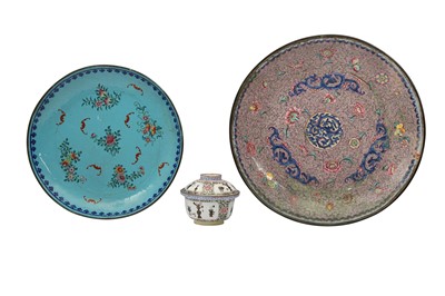 Lot 744 - THREE CHINESE FAMILLE ROSE CANTON ENAMEL PIECES.