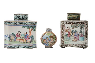 Lot 449 - THREE CHINESE FAMILLE ROSE CANTON ENAMEL PIECES.