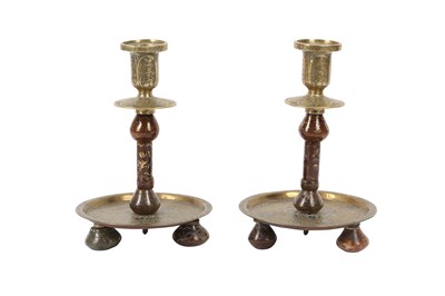 Lot 216 - A PAIR OF INLAID AGATE AND ENGRAVED BRASS DAMASCUS-WARE CANDLESTICKS