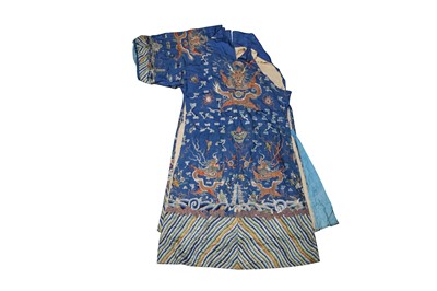 Lot 376 - A CHINESE BLUE-GROUND DRAGON ROBE FRAGMENT.