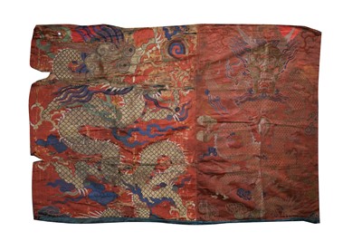 Lot 366 - A CHINESE RED-GROUND 'DRAGON' TEXTILE PANEL.