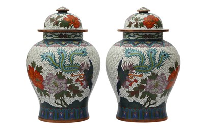 Lot 511 - A PAIR OF CHINESE CLOISONNÉ ENAMEL JARS AND COVERS.