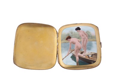 Lot 1042 - An early 20th century German 935 standard silver and enamel erotic concealed cigarette case