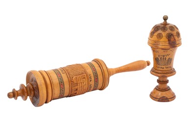 Lot 204 - A PAINTED AND INLAID OLIVE WOOD BESAMIM (SPICE BOX) AND SCROLL CONTAINER