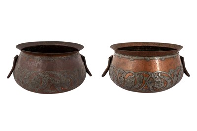 Lot 241 - A NEAR PAIR OF ALGERIAN WHITE METAL-OVERLAID COPPER BASINS