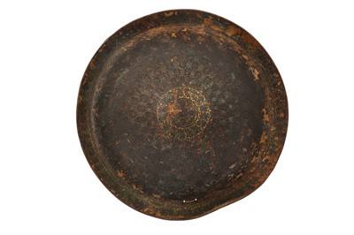 Lot 399 - A POLYCHROME-PAINTED, GILT AND LACQUERED LEATHER CEREMONIAL SHIELD (DHAL)