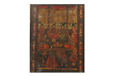 Lot 272 - A LACQUERED PAPIER-MÂCHÉ PANEL WITH A QAJAR BANQUET SCENE