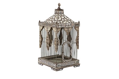 Lot 227 - λ A HARDWOOD MOTHER-OF-PEARL, TORTOISE SHELL AND IVORY-INLAID BIRDCAGE