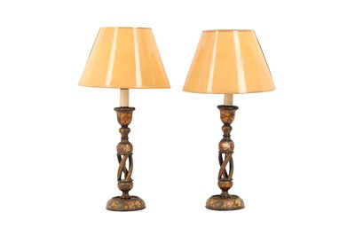 Lot 304 - A PAIR OF LACQUERED PAPIER-MÂCHÉ CANDLESTICKS