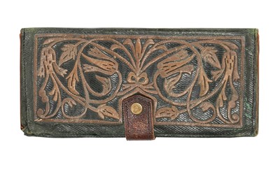 Lot 838 - A GREEN LEATHER WALLET WITH METAL THREAD EMBROIDERED TULIPS