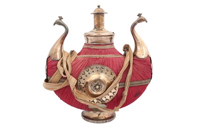 Lot 348 - A CEREMONIAL FLASK SURMOUNTED BY SILVER PEACOCKS