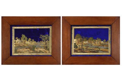 Lot 33 - ATTRIBUTED TO THOMAS COMPIGNE: A PAIR OF 18TH CENTURY  PEWTER, BRASS, GILT AND PAINTED LANDSCAPES