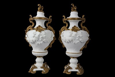 Lot 86 - A PAIR OF VERY LARGE 19TH CENTURY SÈVRES STYLE BISCUIT PORCELAIN VASE AND COVERS
