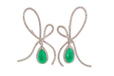 Lot 1231 - A pair of emerald and diamond earrings