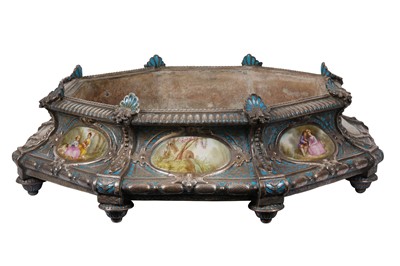 Lot 89 - A VERY LARGE LATE 19TH CENTURY FRENCH SILVER AND ENAMEL MOUNTED TURQUOISE GLAZED PORCELAIN OCTAGONAL JARDINIERE