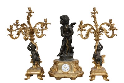Lot 72 - A VERY LARGE LATE 19TH CENTURY FRENCH GILT AND PATINATED BRONZE FIGURAL CLOCK GARNITURE