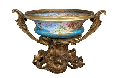 Lot 245 - A FRENCH GILT BRONZE AND SEVRES STYLE PORCELAIN TAZZA, 20TH CENTURY