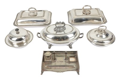 Lot 364 - A mixed group of silver plate - including a Victorian silver plated (EPNS) entree dish, crested on an Old Sheffield Plate warming stand, stamped Thomas Bond Street.
