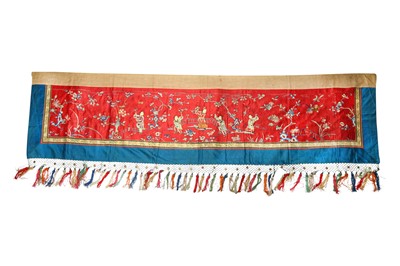 Lot 379 - A CHINESE EMBROIDERED RED-GROUND 'BOYS' TEXTILE PANEL.