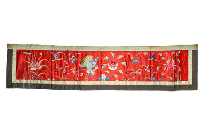Lot 362 - A CHINESE RED-GROUND EMBROIDERED 'PEACOCK' TEXTILE PANEL.
