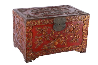 Lot 490 - A GILT-DECORATED CINNABAR LACQUER WEDDING CHEST.