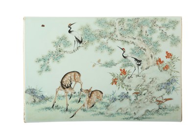 Lot 221 - A CHINESE FAMILLE ROSE RECTANGULAR 'DEER AND CRANE' PLAQUE.